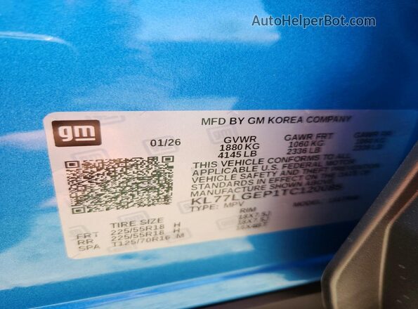 KL77LGEP1TC120085 2026 CHEVROLET TRAX Синий Панорамный вид салона 360°