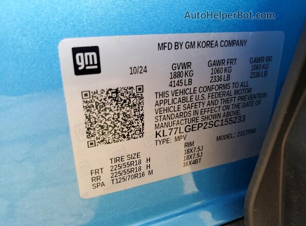 KL77LGEP2SC155233 2025 CHEVROLET TRAX Blue Widok naklejki z numerem VIN