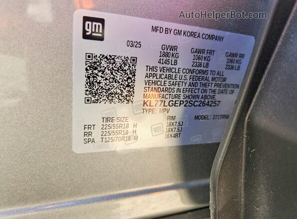 KL77LGEP2SC264257 2025 CHEVROLET TRAX Silver 