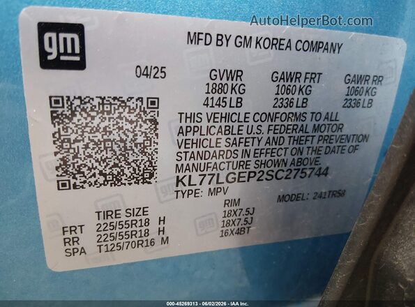 KL77LGEP2SC275744 2025 CHEVROLET TRAX Blue Շարժիչի բաժամունքի տեսք