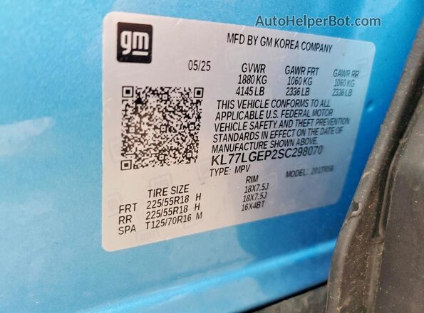 KL77LGEP2SC298070 2025 CHEVROLET TRAX Blue VIN կոդի պիտակի տեսք