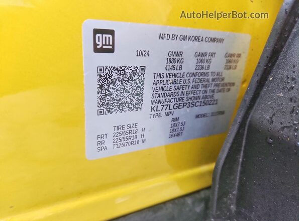 KL77LGEP3SC150221 2025 CHEVROLET TRAX Yellow VIN կոդի պիտակի տեսք