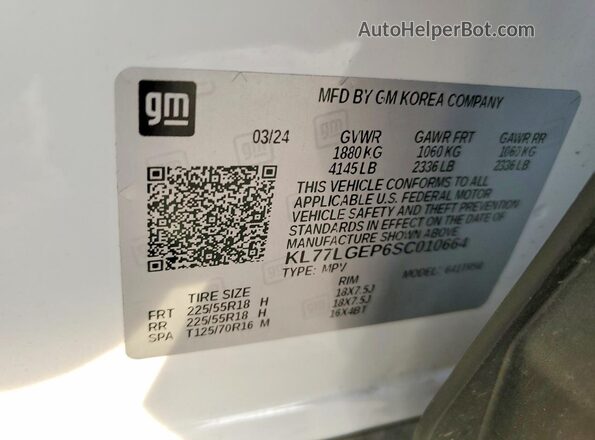 KL77LGEP6SC010664 2025 CHEVROLET TRAX White VIN կոդի պիտակի տեսք