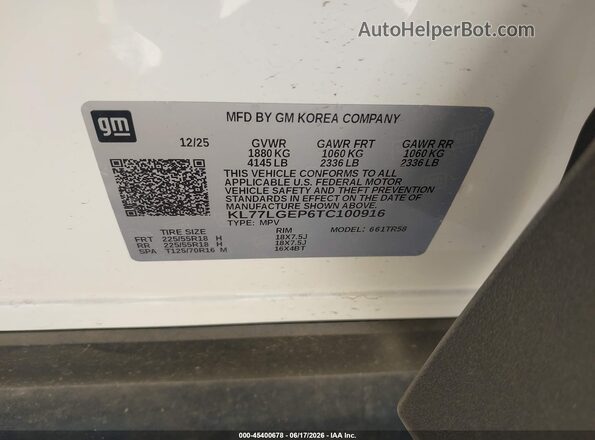 KL77LGEP6TC100916 2026 CHEVROLET TRAX White Вид підкапотного простору