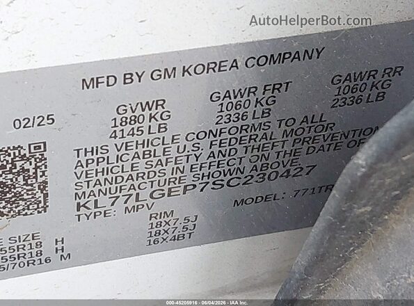 KL77LGEP7SC230427 2025 CHEVROLET TRAX White Շարժիչի բաժամունքի տեսք