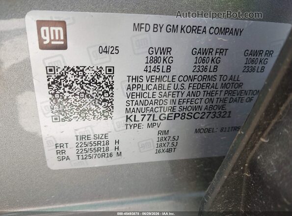 KL77LGEP8SC273321 2025 CHEVROLET TRAX Silver Engine compartment view