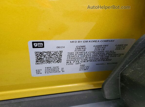 KL77LGEP9SC076402 2025 CHEVROLET TRAX Yellow VIN կոդի պիտակի տեսք