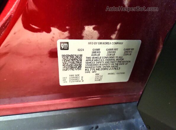 KL77LHE20RC237613 2024 CHEVROLET TRAX Red 