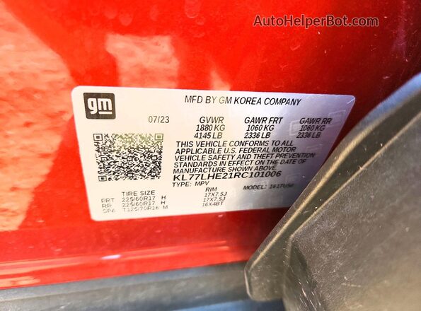 KL77LHE21RC101006 2024 CHEVROLET TRAX Orange VIN կոդի պիտակի տեսք