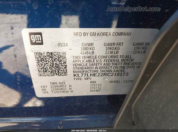 KL77LHE22RC218173 2024 CHEVROLET TRAX Blue Engine compartment view