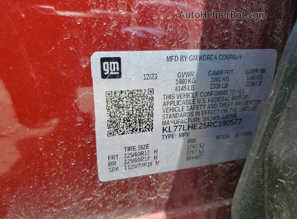 KL77LHE25RC190577 2024 CHEVROLET TRAX Red Вид наклейки з VIN-кодом