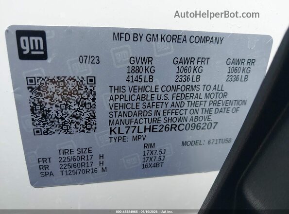 KL77LHE26RC096207 2024 CHEVROLET TRAX White Вид підкапотного простору