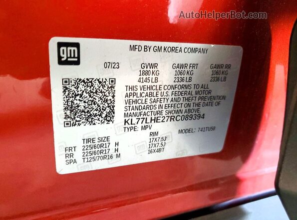 KL77LHE27RC089394 2024 CHEVROLET TRAX Orange VIN კოდის სტიკერის ხედი