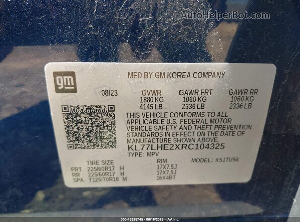 KL77LHE2XRC104325 2024 CHEVROLET TRAX Blue ძრავის განყოფილების ხედი
