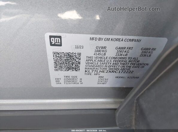 KL77LHE2XRC172222 2024 CHEVROLET TRAX Gray Engine compartment view