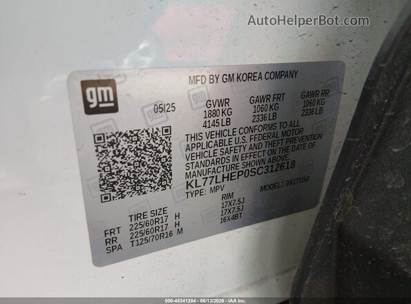 KL77LHEP0SC312618 2025 CHEVROLET TRAX White Engine compartment view