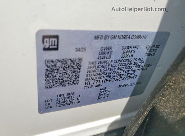 KL77LHEP2SC279847 2025 CHEVROLET TRAX Белый Вид наклейки с VIN-кодом