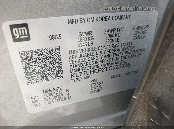 KL77LHEP2TC022026 2026 CHEVROLET TRAX Gray Вид підкапотного простору
