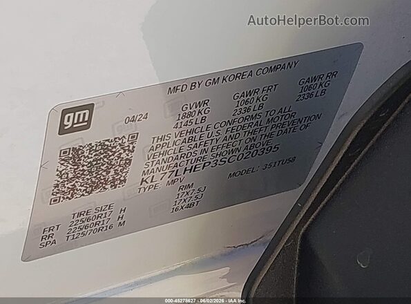 KL77LHEP3SC020395 2025 CHEVROLET TRAX White 