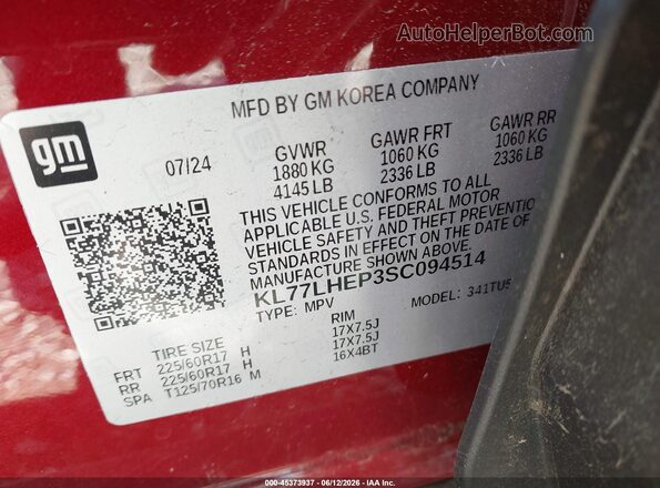 KL77LHEP3SC094514 2025 CHEVROLET TRAX Red Vista del compartimento del motor