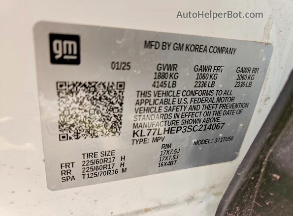 KL77LHEP3SC214067 2025 CHEVROLET TRAX White 