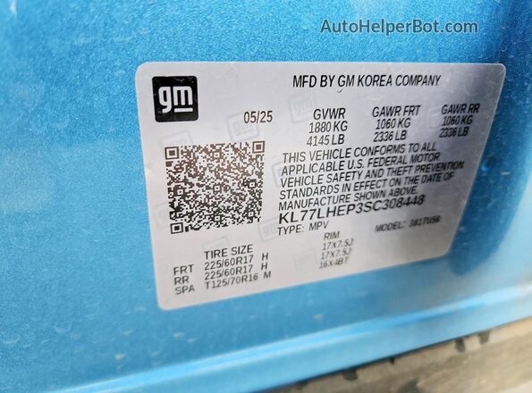 KL77LHEP3SC308448 2025 CHEVROLET TRAX Blue VIN sticker view