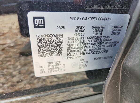 KL77LHEP4SC237759 2025 CHEVROLET TRAX Black Vista de la etiqueta del VIN