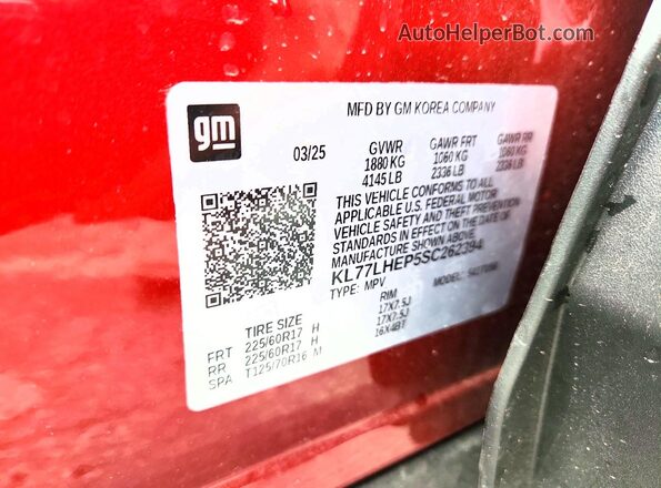 KL77LHEP5SC262394 2025 CHEVROLET TRAX Maroon VIN კოდის სტიკერის ხედი