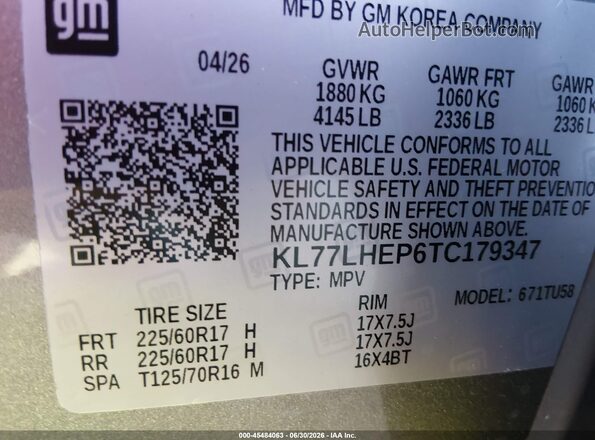 KL77LHEP6TC179347 2026 CHEVROLET TRAX Gray ძრავის განყოფილების ხედი