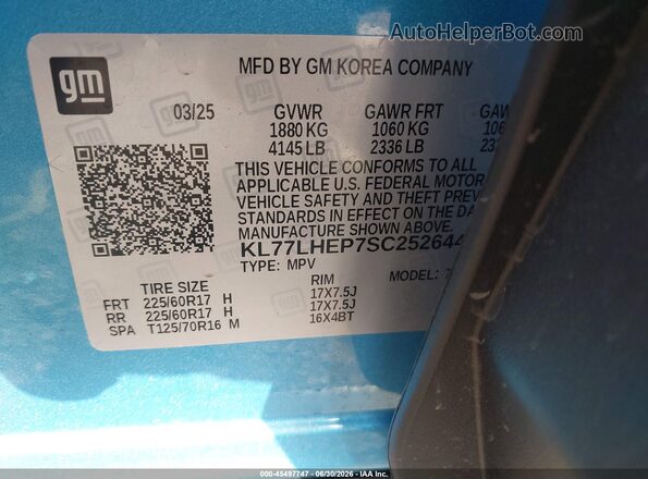 KL77LHEP7SC252644 2025 CHEVROLET TRAX Blue ძრავის განყოფილების ხედი