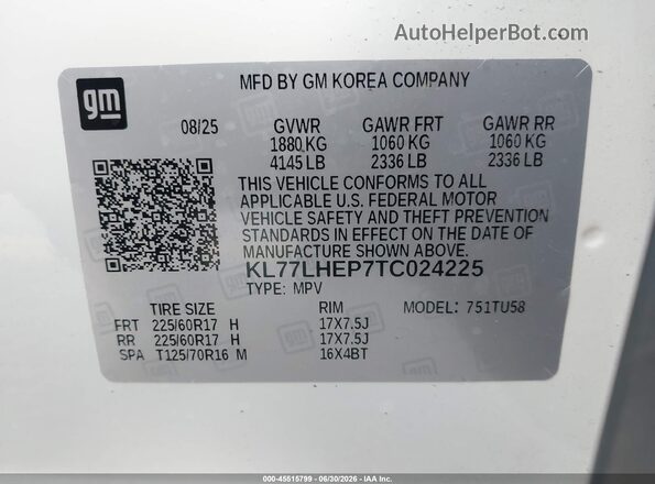 KL77LHEP7TC024225 2026 CHEVROLET TRAX White Engine compartment view