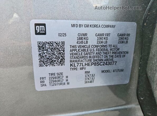 KL77LHEP8SC243077 2025 CHEVROLET TRAX Серебряный Панорамный вид салона 360°