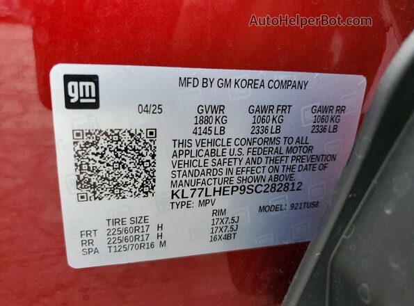 KL77LHEP9SC282812 2025 CHEVROLET TRAX Maroon VIN sticker view