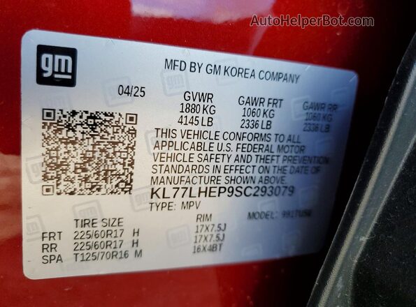 KL77LHEP9SC293079 2025 CHEVROLET TRAX Red Вид наклейки з VIN-кодом