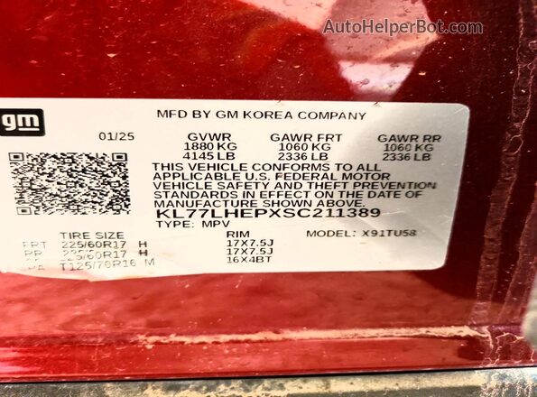 KL77LHEPXSC211389 2025 CHEVROLET TRAX Red VIN sticker view