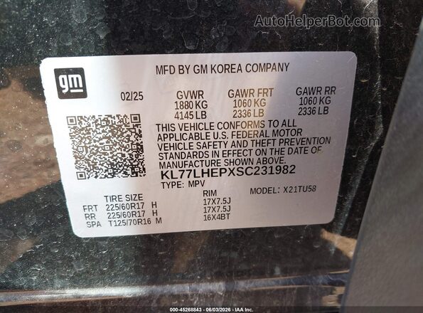 KL77LHEPXSC231982 2025 CHEVROLET TRAX Black Вид підкапотного простору