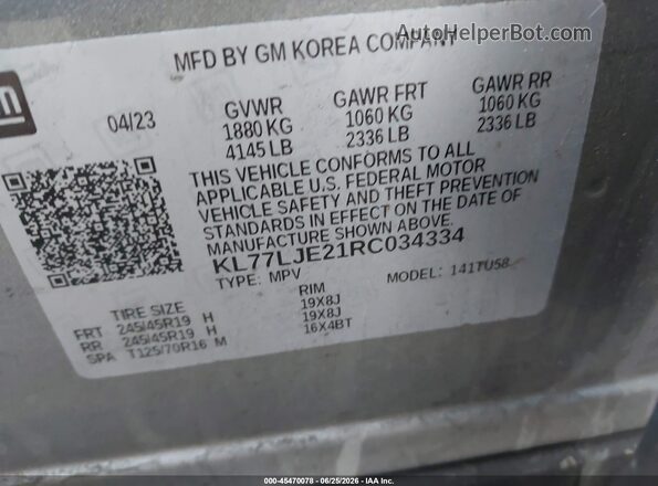 KL77LJE21RC034334 2024 CHEVROLET TRAX Gray Vista del compartimento del motor