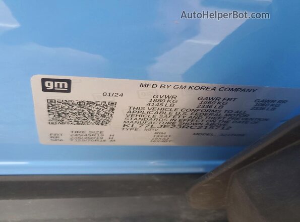 KL77LJE23RC215712 2024 CHEVROLET TRAX Синий Вид наклейки с VIN-кодом