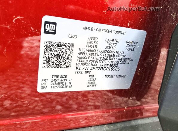 KL77LJE27RC016985 2024 CHEVROLET TRAX Темно-бордовый Вид наклейки с VIN-кодом