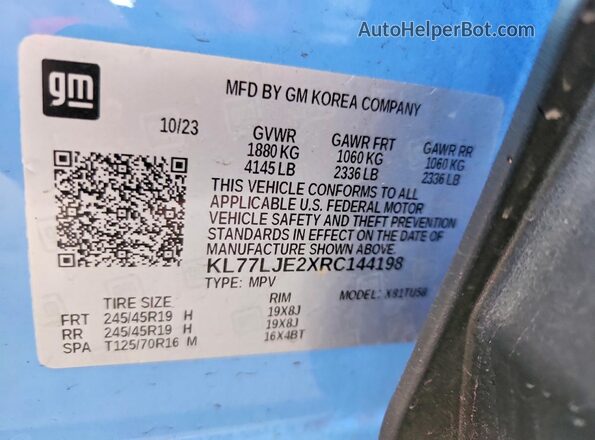 KL77LJE2XRC144198 2024 CHEVROLET TRAX Синий Вид наклейки с VIN-кодом