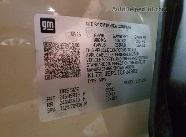 KL77LJEP2TC024902 2026 CHEVROLET TRAX Tan VIN կոդի պիտակի տեսք