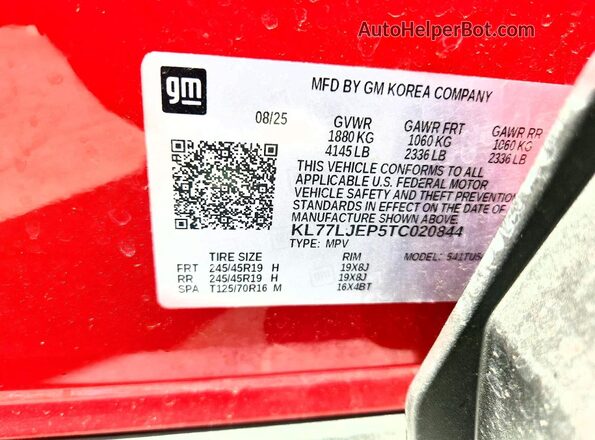 KL77LJEP5TC020844 2026 CHEVROLET TRAX Red Vista de la etiqueta del VIN