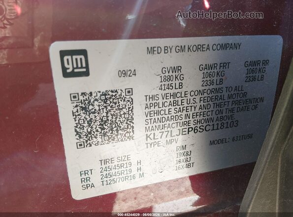 KL77LJEP6SC118103 2025 CHEVROLET TRAX Red Widok komory silnika
