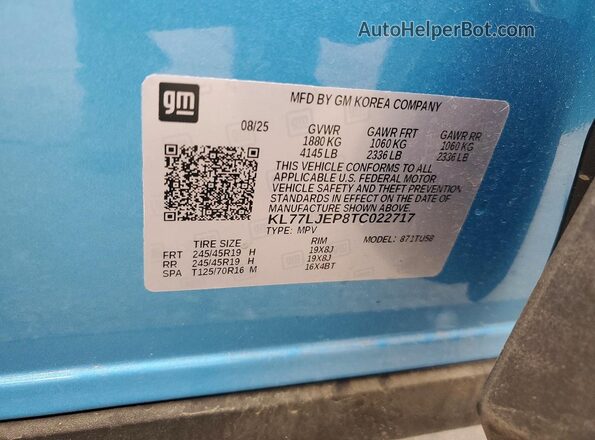KL77LJEP8TC022717 2026 CHEVROLET TRAX Blue Вид наклейки з VIN-кодом