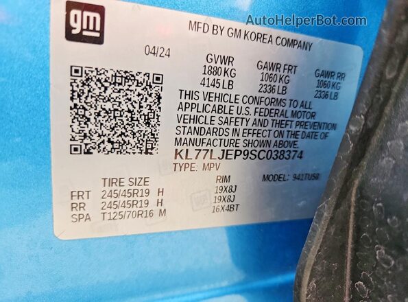 KL77LJEP9SC038374 2025 CHEVROLET TRAX Blue VIN sticker view