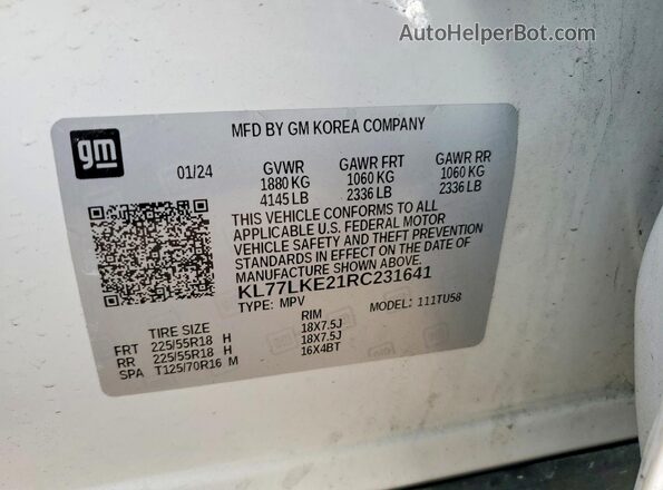 KL77LKE21RC231641 2024 CHEVROLET TRAX White Vista de la etiqueta del VIN