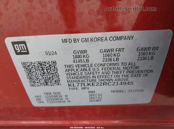 KL77LKE22RC214945 2024 CHEVROLET TRAX Orange Вид підкапотного простору
