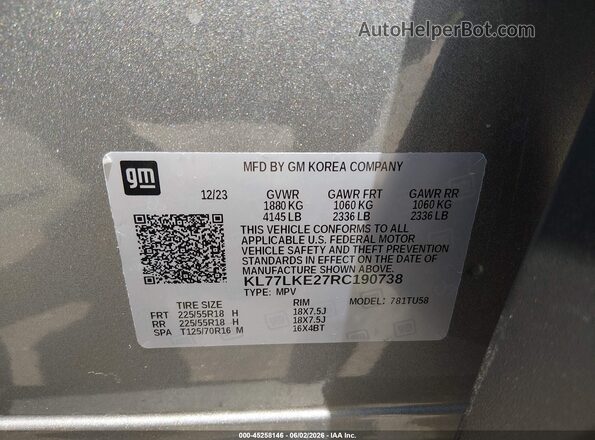 KL77LKE27RC190738 2024 CHEVROLET TRAX Silver Engine compartment view