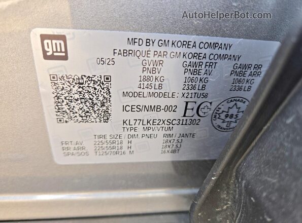 KL77LKE2XSC311302 2025 CHEVROLET TRAX Gray 