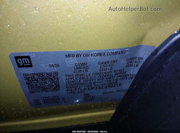 KL77LKEP3SC292216 2025 CHEVROLET TRAX Yellow ძრავის განყოფილების ხედი
